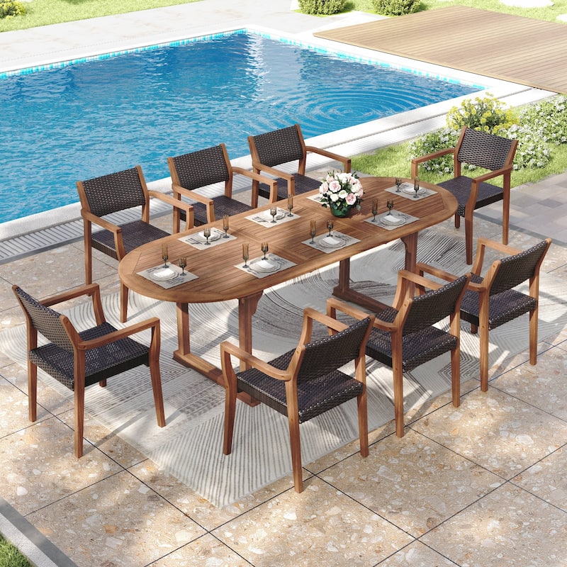 MAISON ARTS 7/9-Piece Acacia Wood Outdoor Dining Set for 6/8, Expandable Table with Wicker Chairs, Farmhouse Patio Furniture - Elegant Farmhouse Style for Patio, Deck, and Yard|9-Piece
