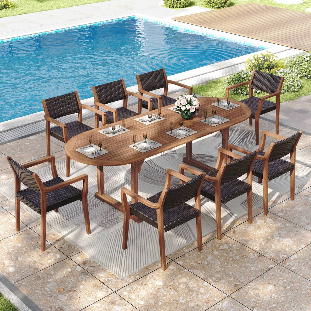 MAISON ARTS 7-Piece Expandable Acacia Wood Outdoor Dining Set for 6-8