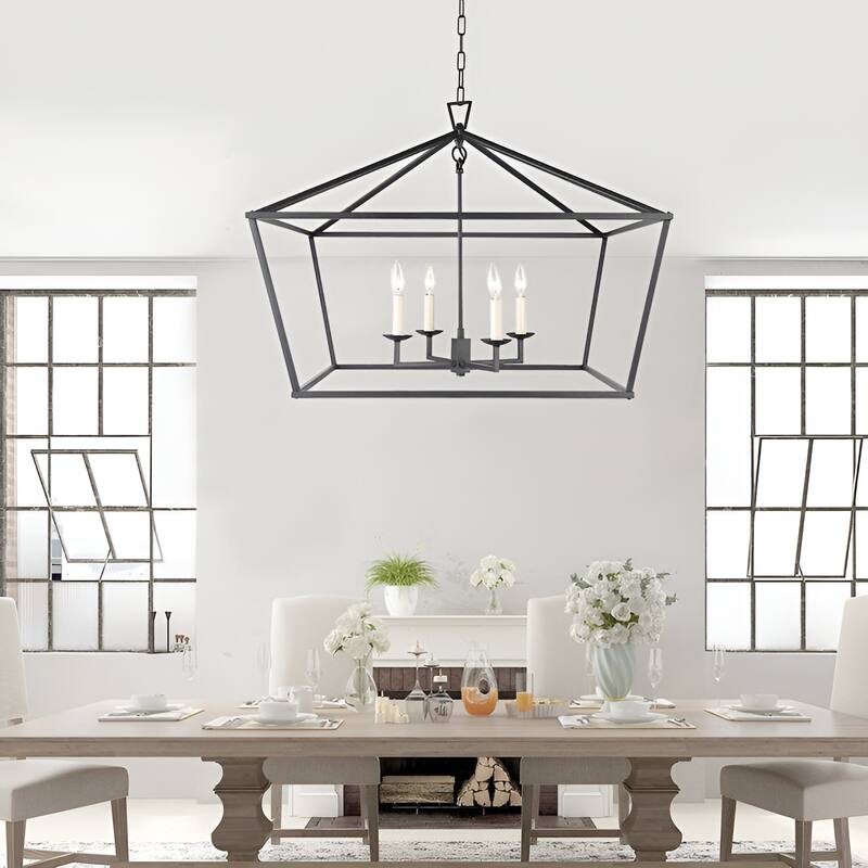 28 Inch Wide 4 Light Rustic Aged Iron Lantern Open Frame Chandelier