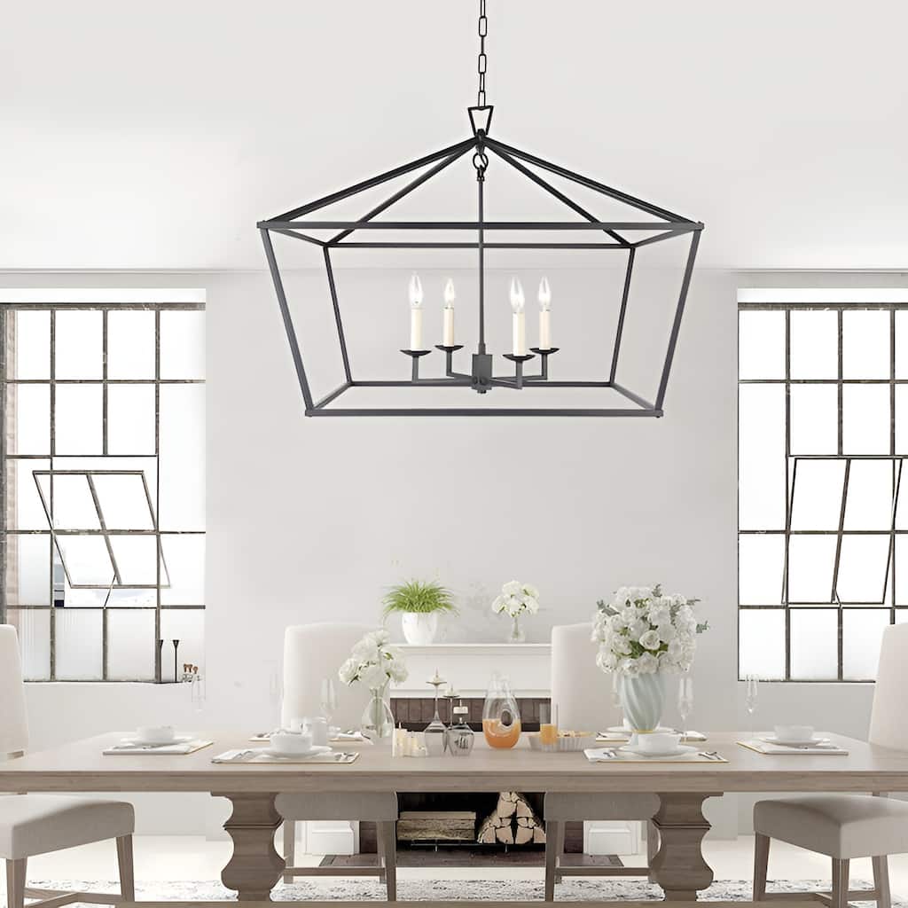 28 Inch Wide 4 Light Rustic Aged Iron Lantern Open Frame Chandelier