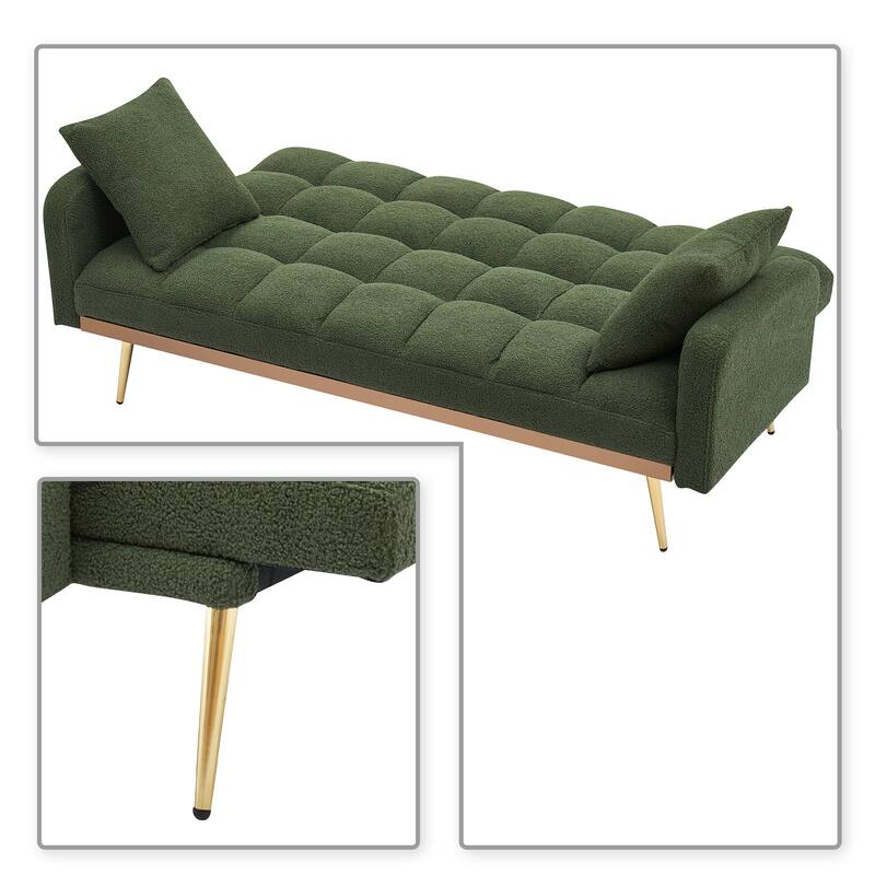 Classic Teddy Fabric Upholstered Convertible Futo Sofa Bed with 2 Throw Pillows