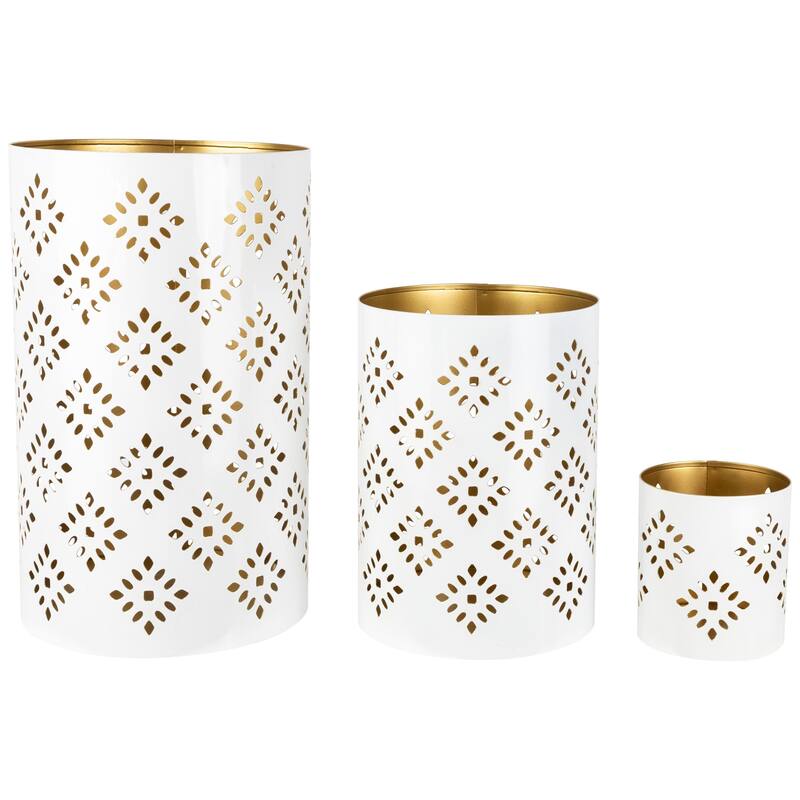 Laser-Cut Diamond Pattern Iron Candle Holders - 10" - White and Gold Finish - Set of 3