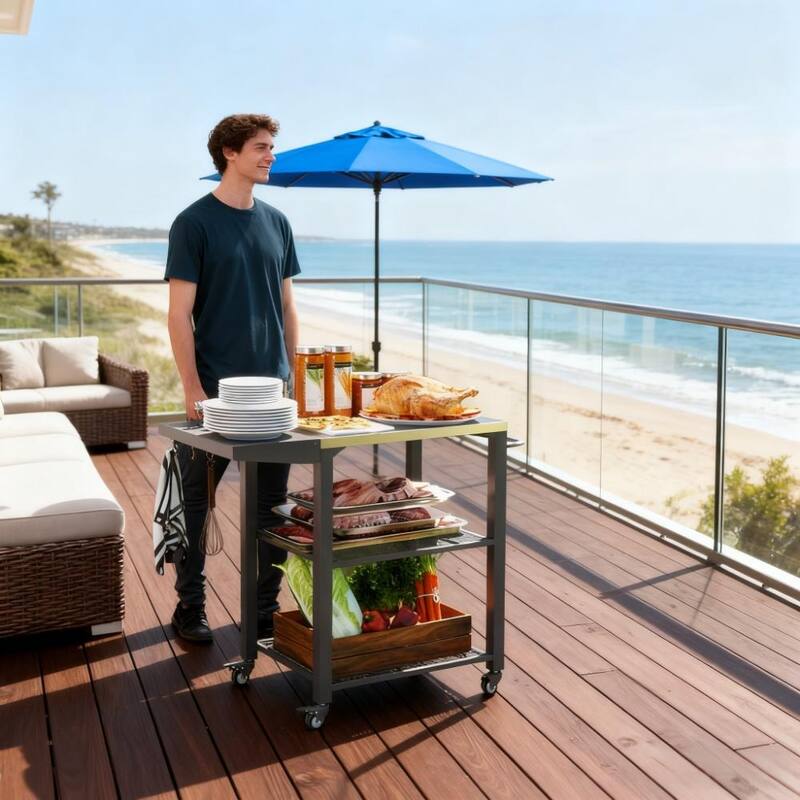 GDFStudio Outdoor Aleron Stainless Steel Three-Shelf Outdoor Grill Cart Table with Hooks