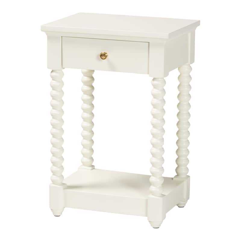Terentia Nightstand with Bobbin Legs - 1-Drawer Bedroom Side Table with Storage Shelf - White