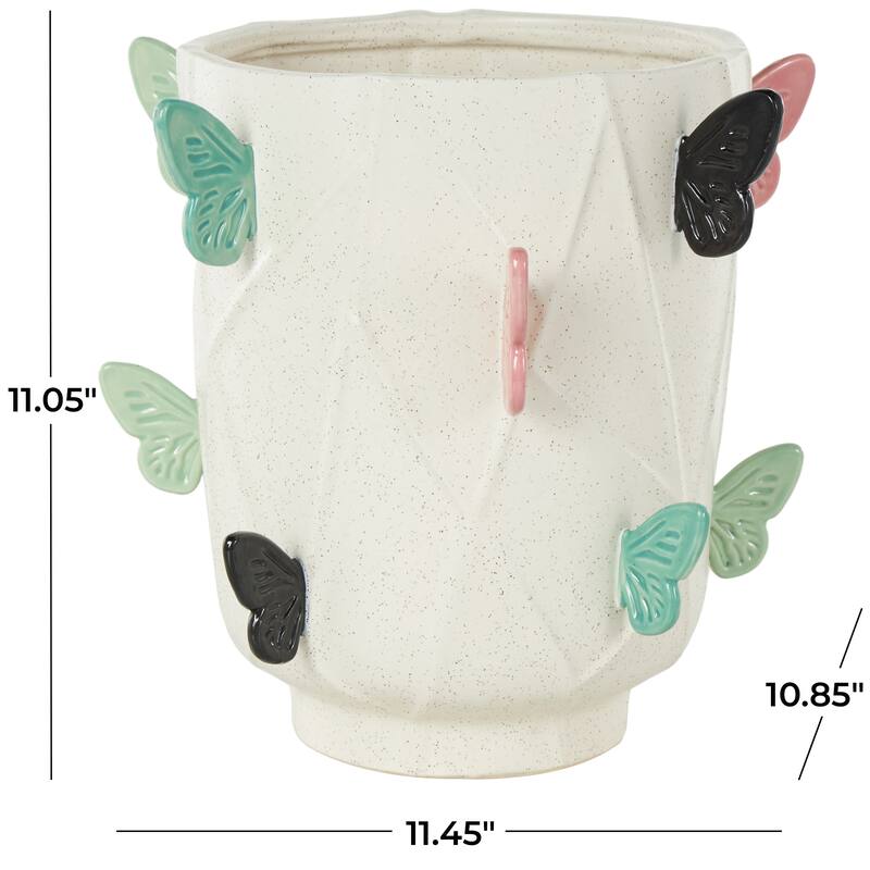 White Ceramic Wide Butterfly Decorative Vase with Multicolor Accents