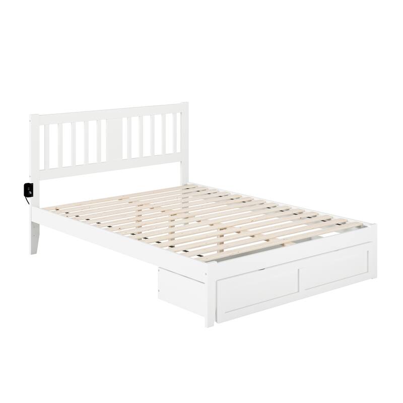 Bed with Foot Drawer & USB Charger - Solid Wood Bed Frame - White Finish