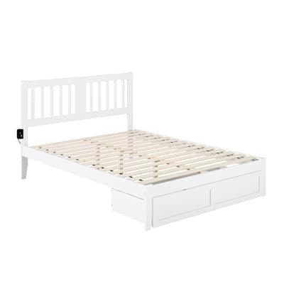 Bed with Foot Drawer & USB Charger - Solid Wood Bed Frame - White Finish