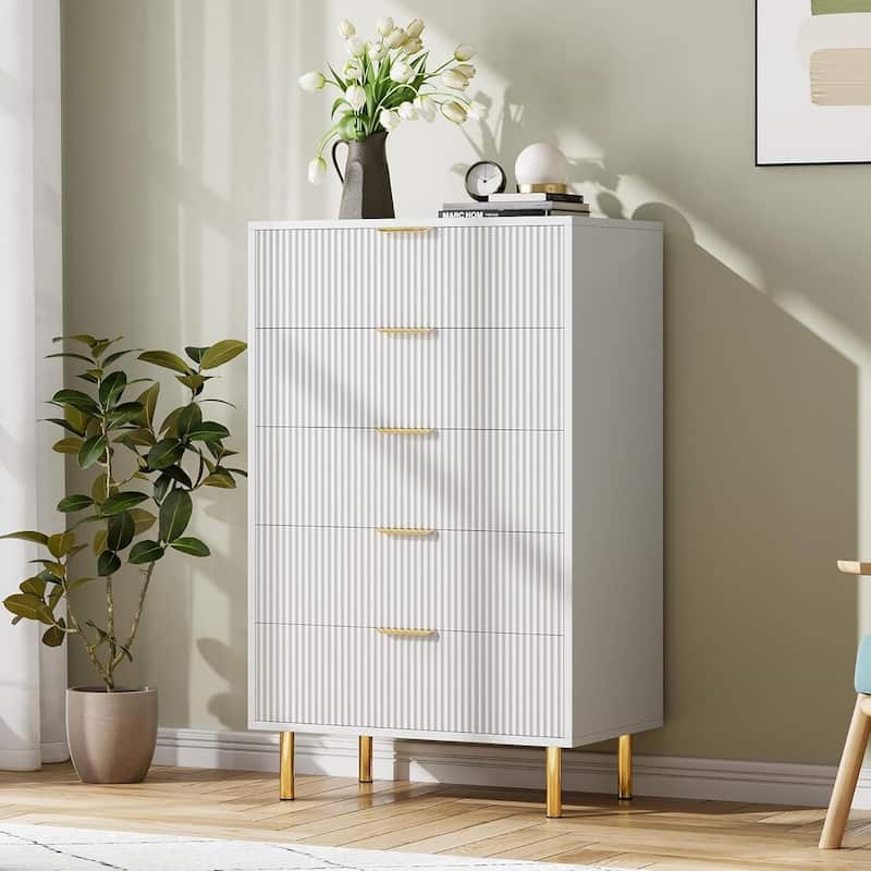 Modern Design 5 Drawer Dresser, Storage Cabinet for Bedroom, Living Room, Closet, Hallway - White