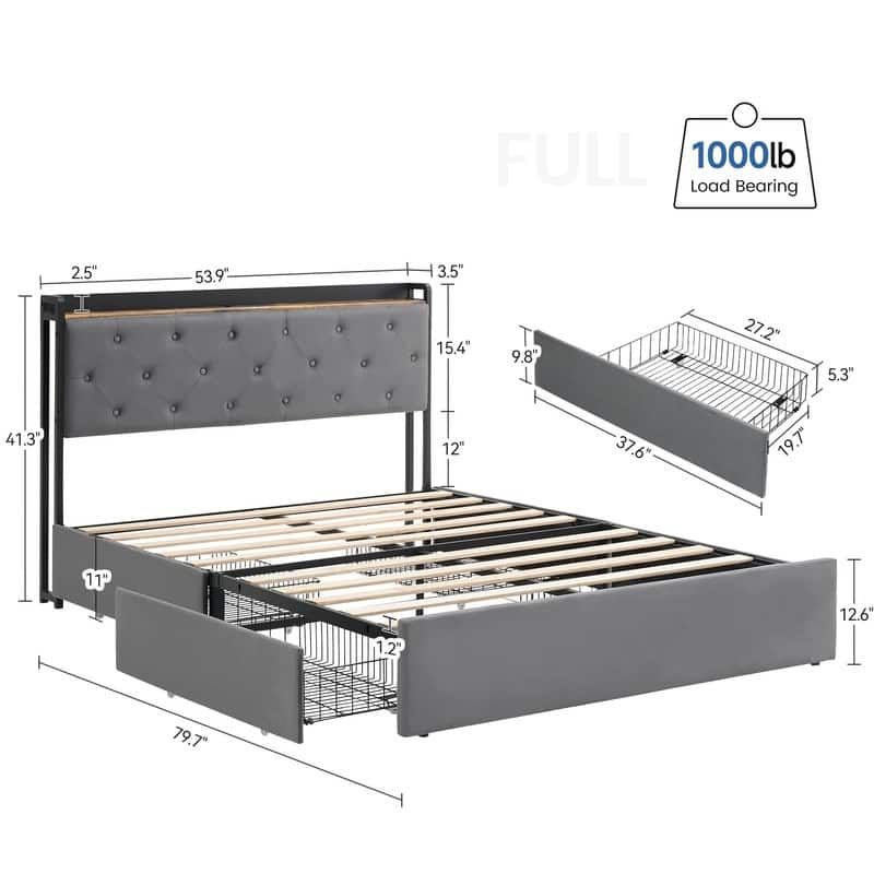 Velvet Bed Frame with Four Storage Drawers and USB Charging Station