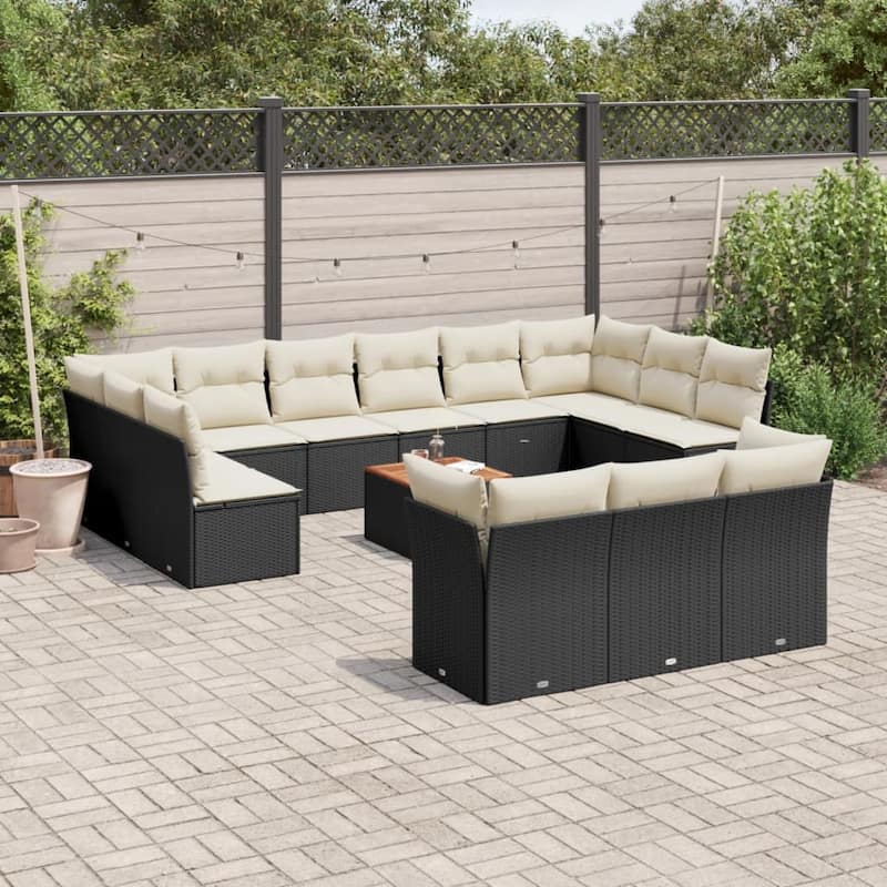 vidaXL Patio Sofa Set with Cushions Outdoor Furniture 14 Piece Poly Rattan - 24.4 x 24.4 x 27.2 - Black and Cream