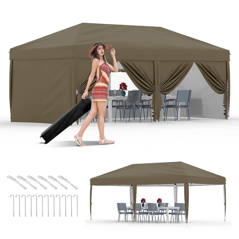 10'x20' Instant Pop-Up Canopy Tent, 6 Removable Sidewalls - 10*20Ft - Brown