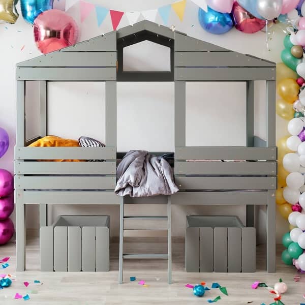 slide 2 of 17, Modern Twin Size Wood Low Loft Bed House Bed With Two Drawers,Sturdy Construction Grey