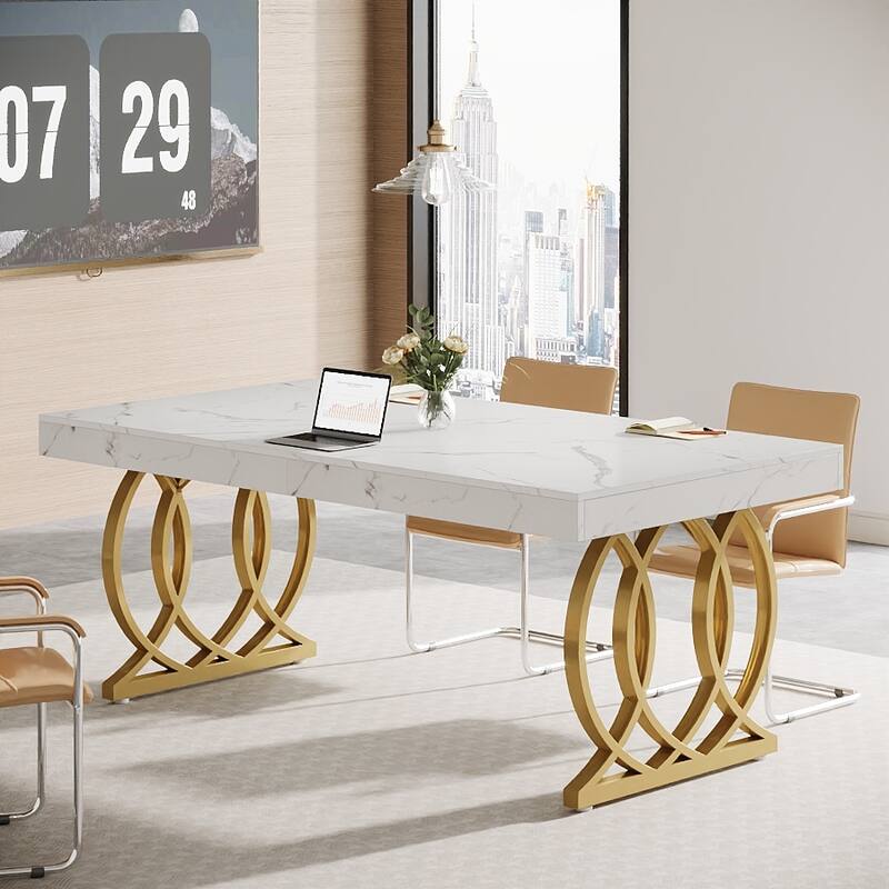 5FT Conference Table for 6, 63-Inch Modern Meeting Table for Office, White and Gold - 63" L x 31.5" W x 29.5" H - White and Gold