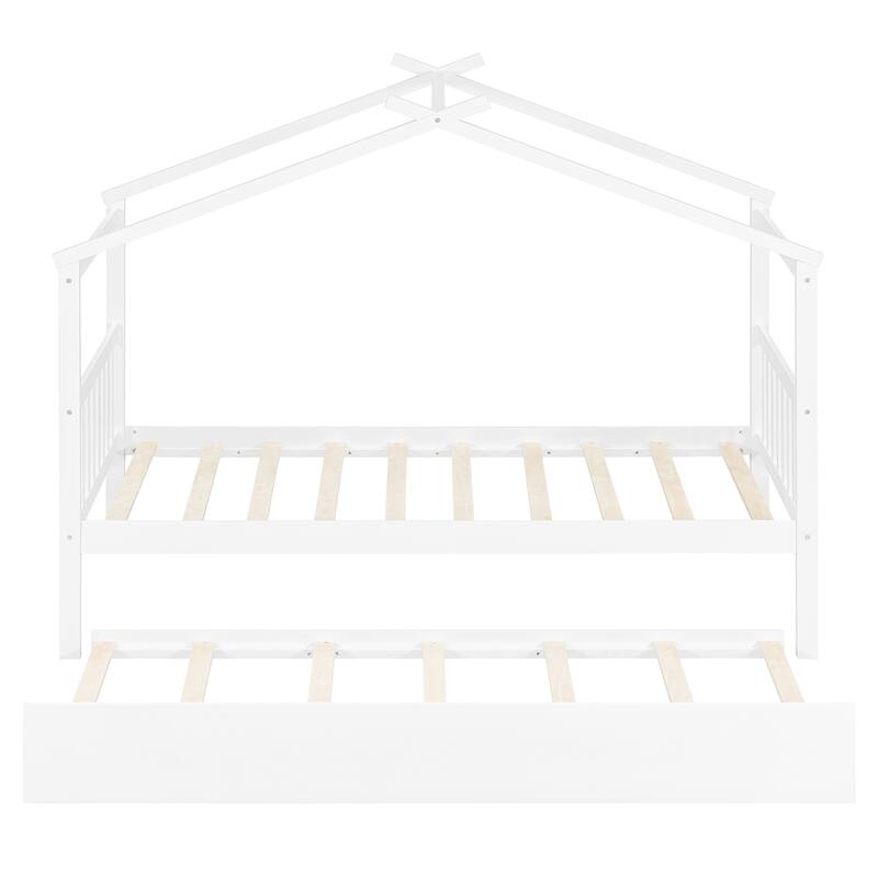 Solid Wood House Platform Bed Frame with Trundle Bed and Roof