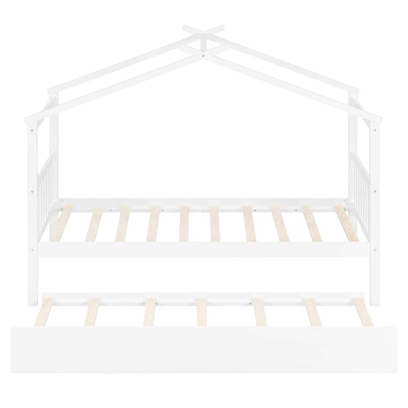Twin Size Wooden House-Shaped Bed With Twin Size Trundle