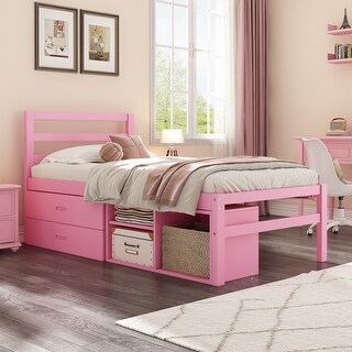 Pink Wood Twin Size Platform Bed Frame w/Removable Storage Shelves, Built-in Two Storage Drawers and Headboard for Kids, Teens