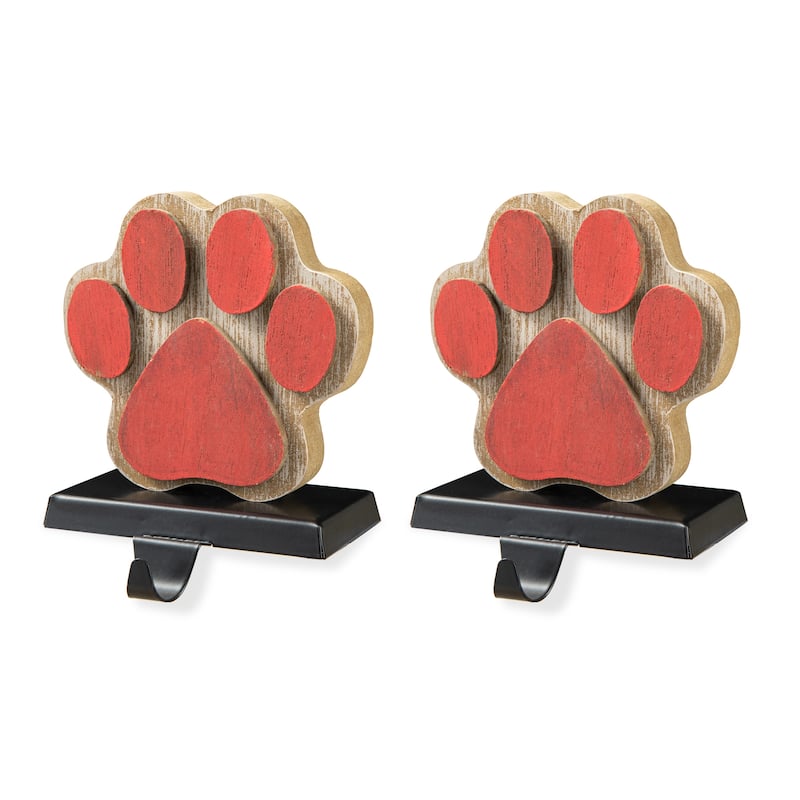 Glitzhome Christmas Wooden/Metal LED Snowman Paw Stocking Holders Mantel Ornament - 2PK Paw