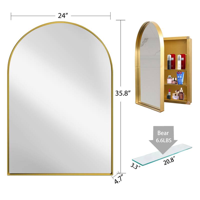 24x36 Inch Arched Bathroom Medicine Cabinet with Mirror, Metal Framed Recessed Wall Cabinet with Mirror