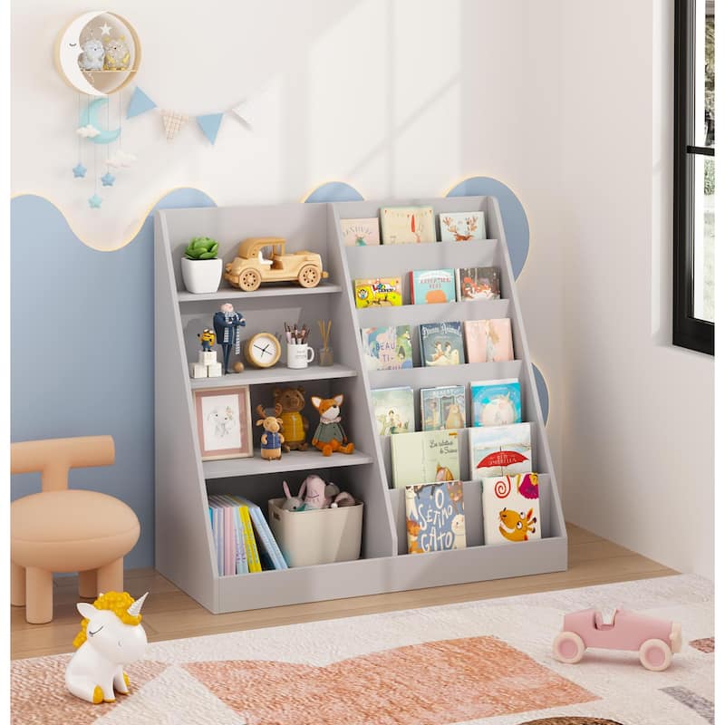 Kids Bookshelf and Toy Storage Organizer, Multifunctional 4 Tier Wooden Kids Book Shelf with Bookcase Display Stand