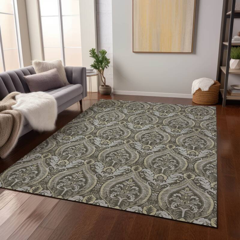 Machine Washable Indoor/ Outdoor Damask Chantille Rug