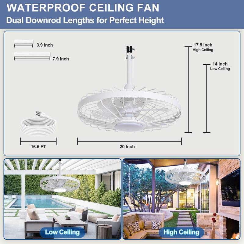Outdoor Ceiling Fan with Light: 20 Inch Waterproof Gazebo Hanging - Plug in Remote App Control Caged Fans - 6 Speed Black