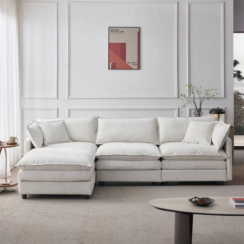 Upholstered Soft Chenille Fabric Sofa,3 Seater with Ottoman L Shape Sofa