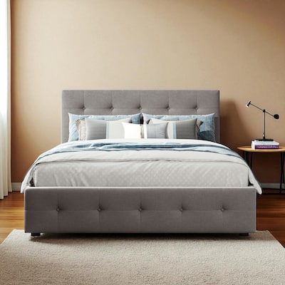 Queen Size Upholstered Platform Bed with Button-Tufted Headboard, 2 Storage Drawers and Twin XL Trundle, Linen Fabric