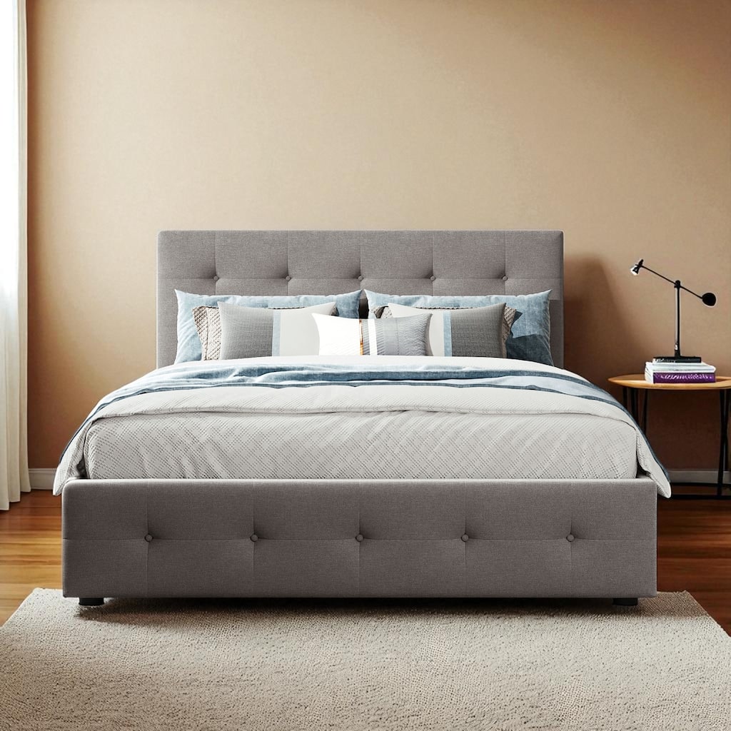 Queen Size Upholstered Platform Bed with Button-Tufted Headboard, 2 Storage Drawers and Twin XL Trundle, Linen Fabric