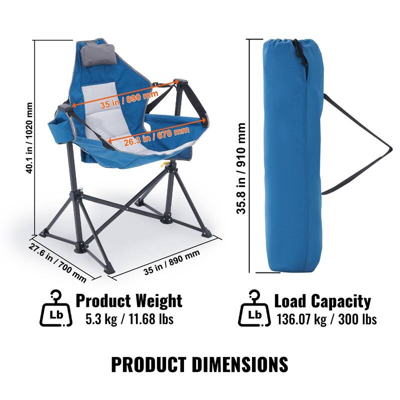Steel Rocking Hammock Folding Chair with Cushion and Side Pocket - 27.55” L x 35.82” W x 36.02” H