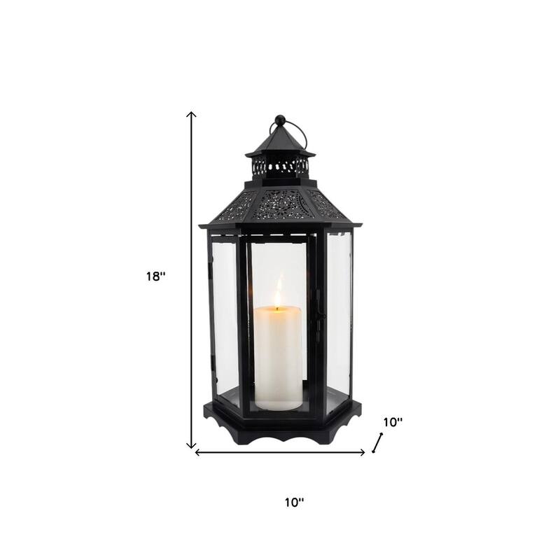 Set of Three Clear And Black Glass And Metal Floor Lantern Candle Holders