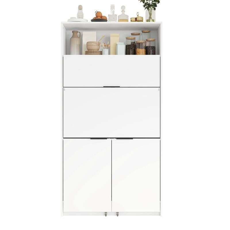 Compact Kitchen Pantry Storage Cabinet, 69" H Buffet Sideboard Server Table with Drop-Down Workstation & Power Outlet