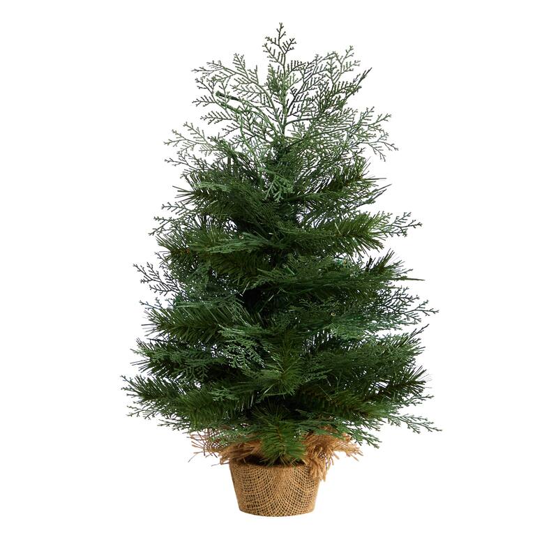 Pre-Lit Mini Artificial Christmas Tree with Burlap Base - 2' - Warm White LED Lights - 2 Foot