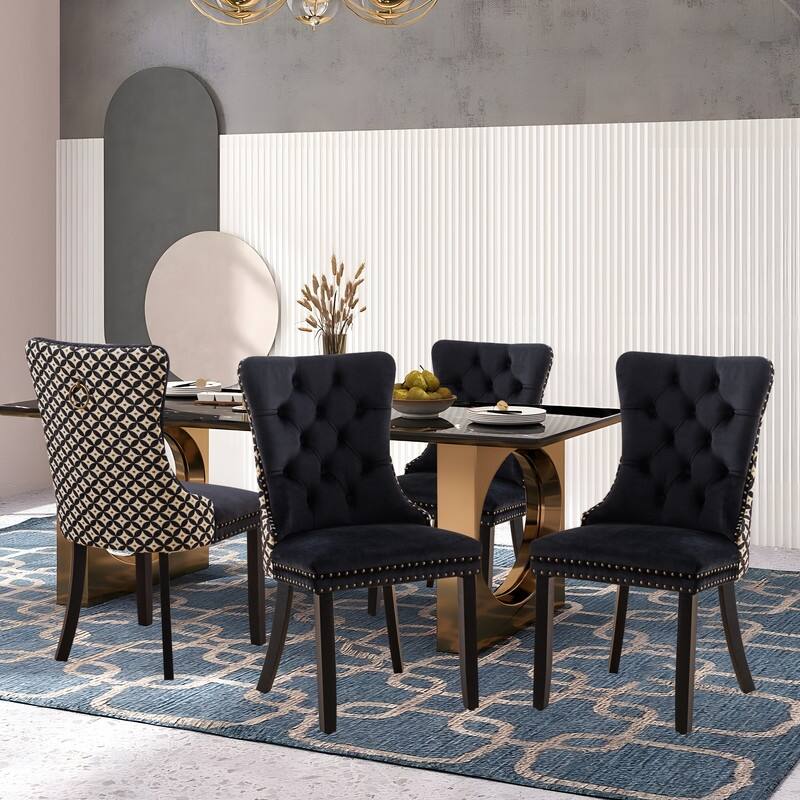 Solid Wood Velvet Upholstered Dining Chair Set of 4 - Black Flower