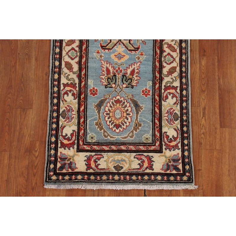 Light Blue Kazak Oriental Runner Rug Hallway Handmade Wool Carpet - 2'1" x 5'7"