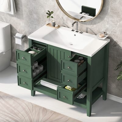 36" Bathroom Vanity with Ceramic Sink, One Cabinet and Three Drawers