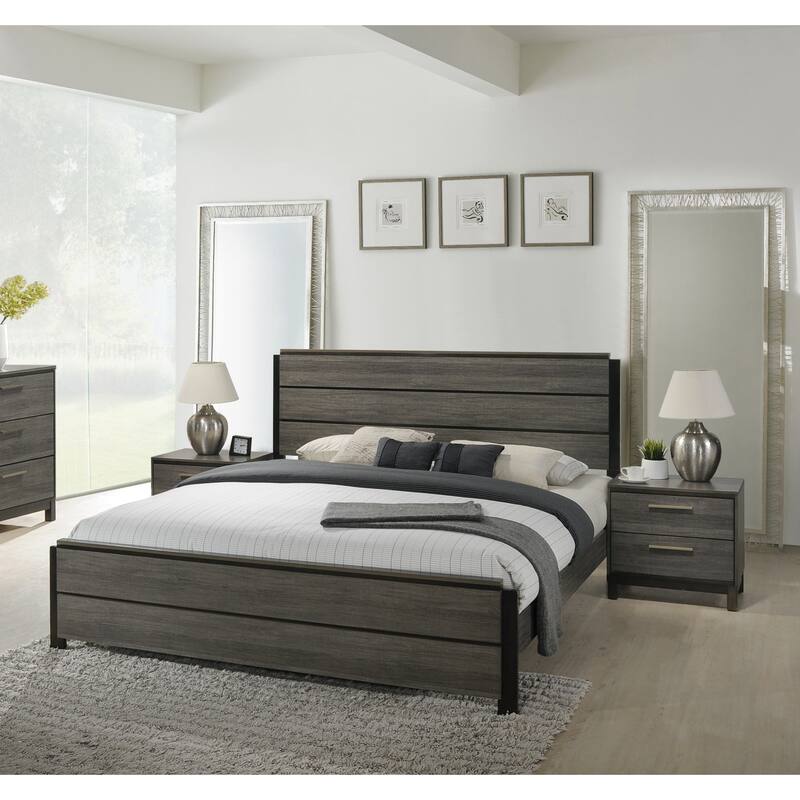 Ioana Antique Grey Finish 3-Piece Wood Bed Room Set, Queen Size Bed and Two Nightstands - Gray