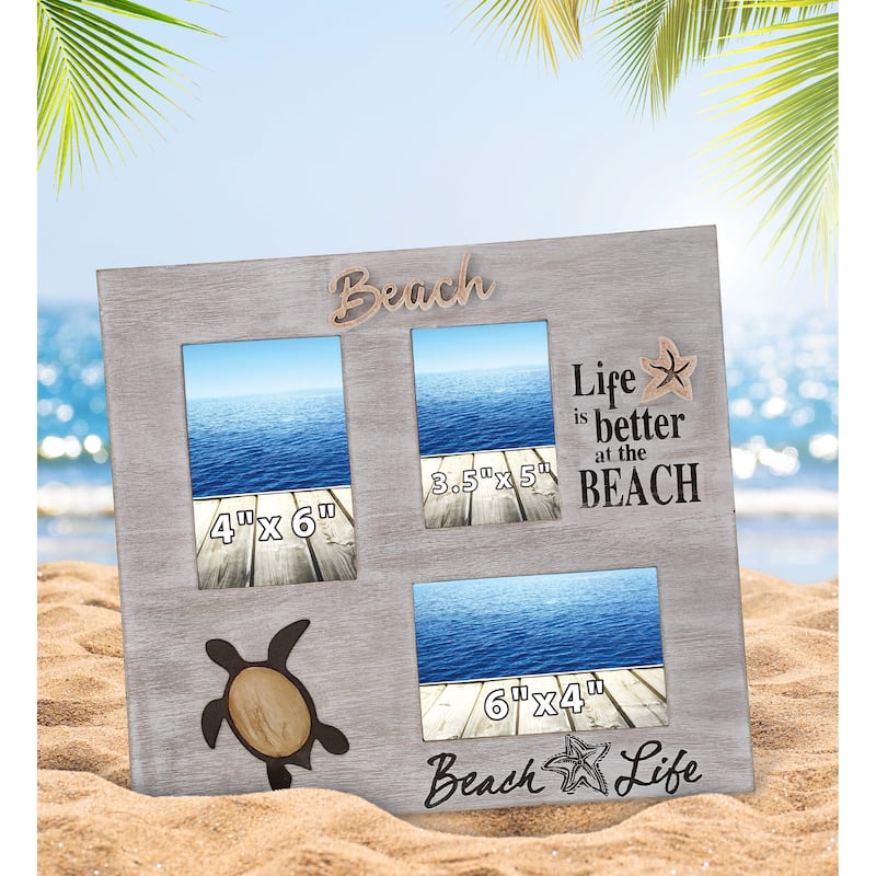 CoTa Global White Distressed Wood Coastal Sea Turtle Multi Photo Frame - 14 inches