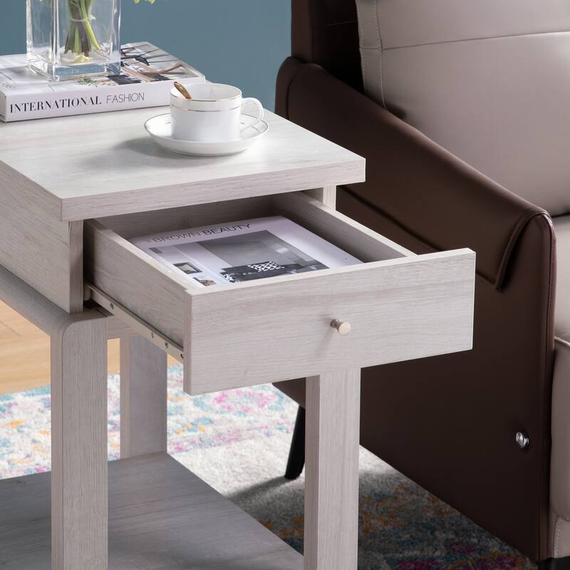 Chair Side End Table with One Drawer and Bottom Shelf, Accent Table White Oak