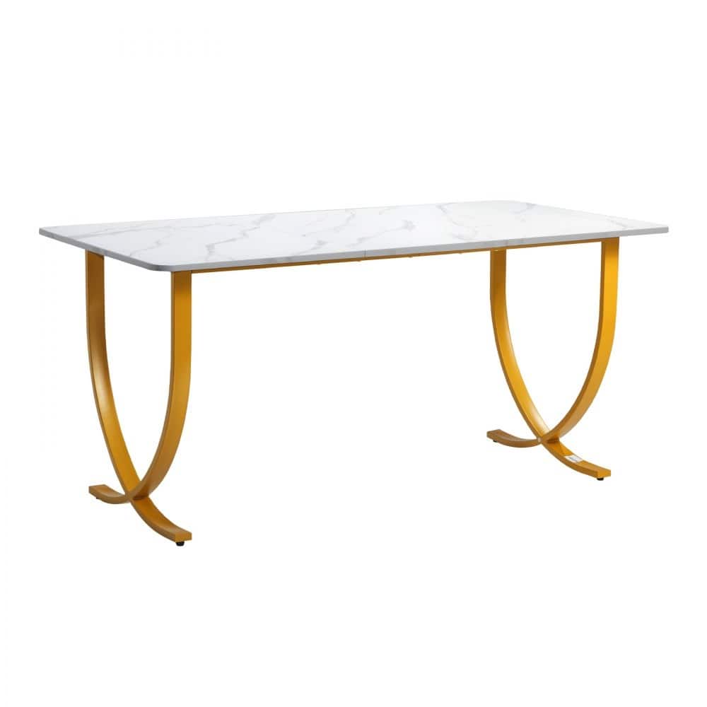 63 Inch White and Gold Computer Desk with Steel Frame for Large Home or Office