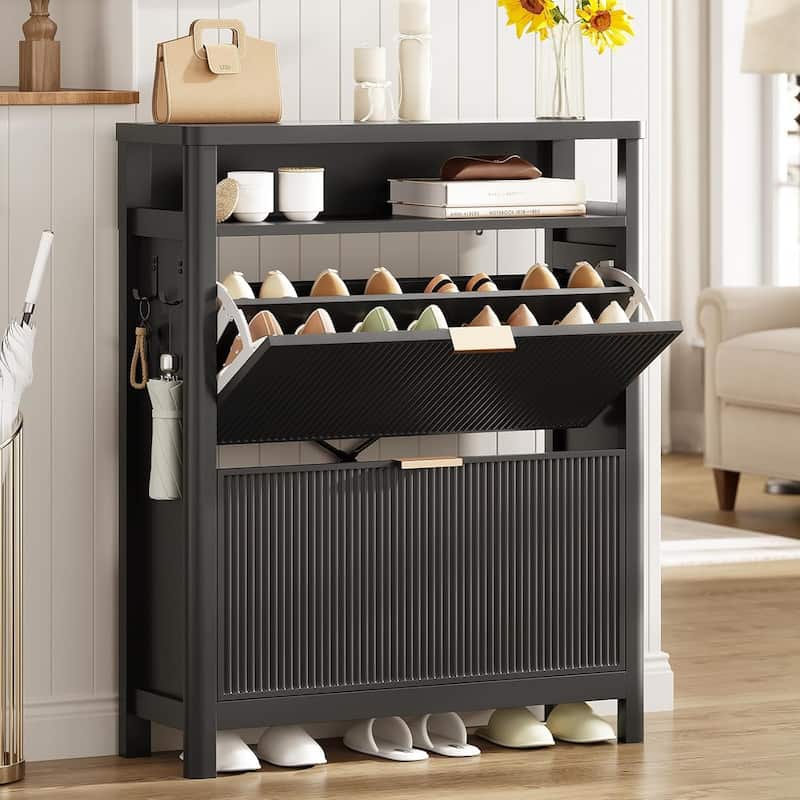 Shoe Storage Cabinet with 2 Large Flip Drawers Shoe Rack Cabinet - Black
