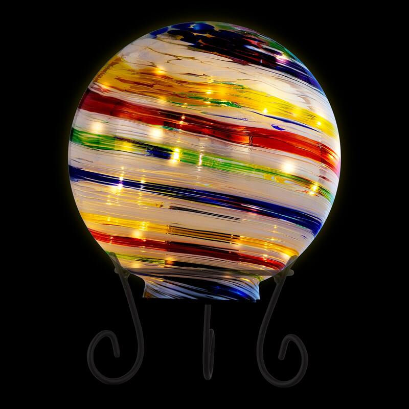 Alpine Corporation 8" Diameter Indoor/Outdoor Glass Gazing Globe with LED Lights and Stand, Multicolor