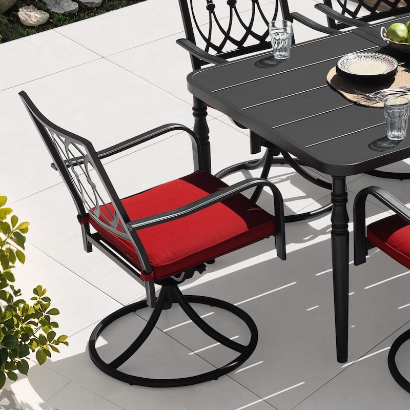 Metal Patio Dining Set with Umbrella Hole, Swivel Chairs with Cushions