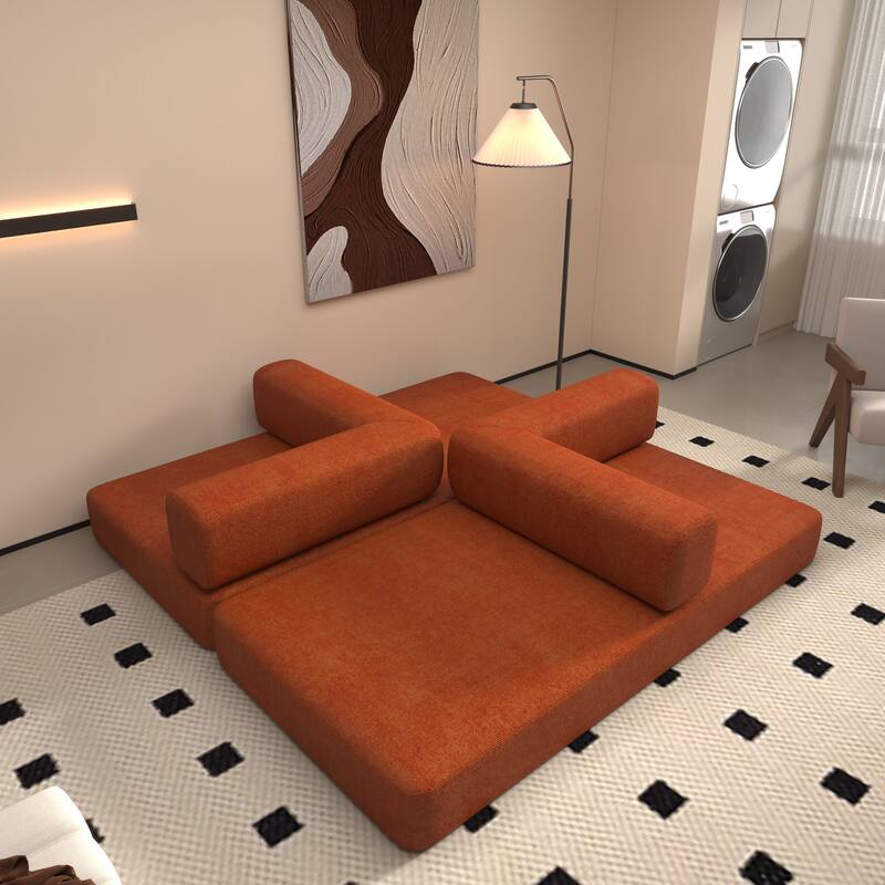 Convertible Floor Sleeper Sofa with Plush Pillows, Mattress Lounge Loveseat, Folding Sofa Bed with Adjustable Armrests