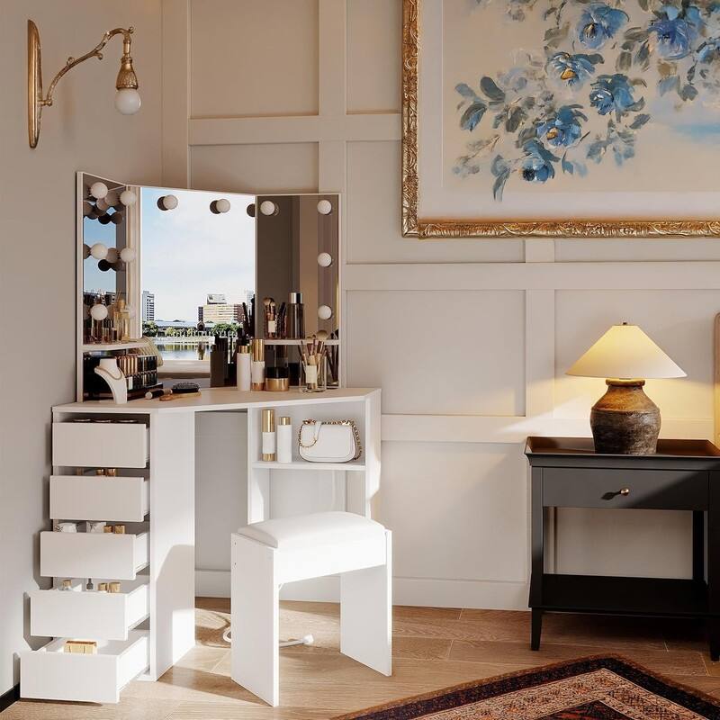 Corner Vanity Desk with Lighted Mirror and Stool, 5 Drawers, Charging Station