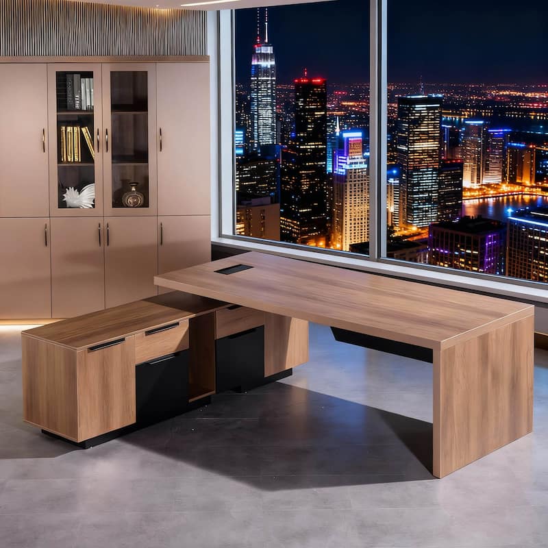 WESOME Retractable L-Shaped Executive Desk with Cable Management Drawers and Lateral File Cabinet