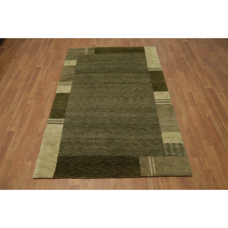 Hand Knotted Oriental 100% Wool Carpet Modern Geometric Green Gabbeh Area Rug - 6' 0'' X 4' 0''