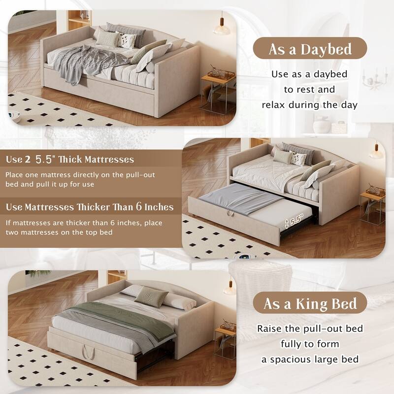 Upholstered Twin Size Daybed with Extended Pop Up Trundle