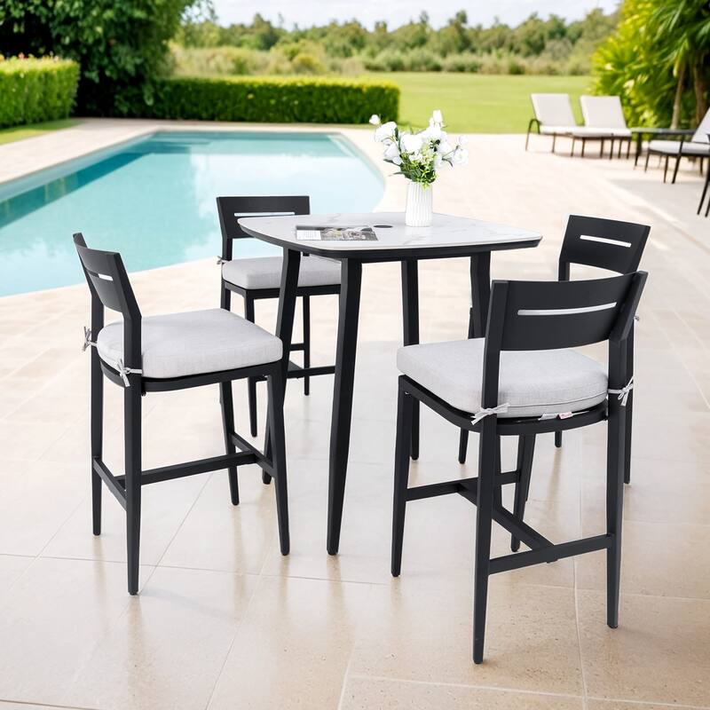 5-Piece Patio Bar Set - 35.4" Rounded Sintered Table and 4 Bar Stools, Greek Marble Top, Ember Black