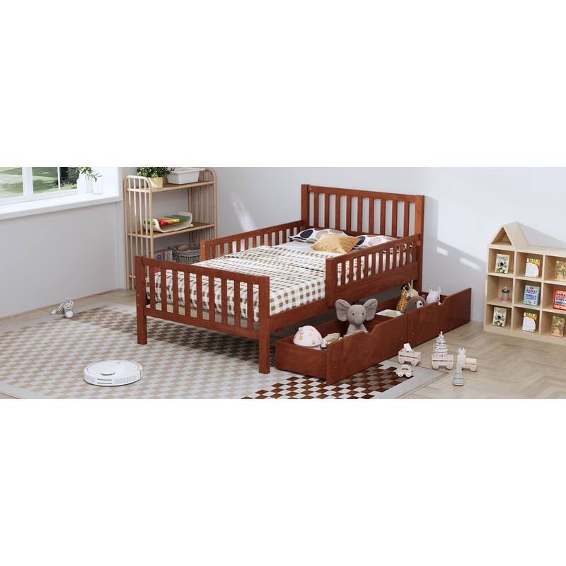 Twin Size Pinewood Platform Bed with Dual Guardrails, 2 Storage Drawers and 300lb Capacity