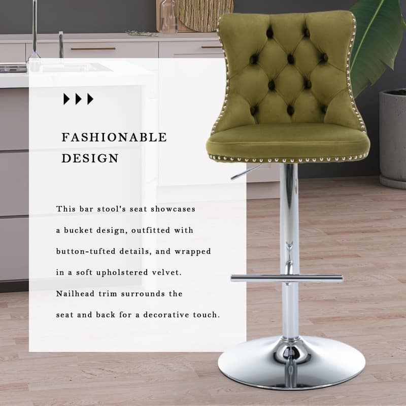 Velvet Upholstered Nailheads Tufted Swivel Bar Stools (Set of 4)